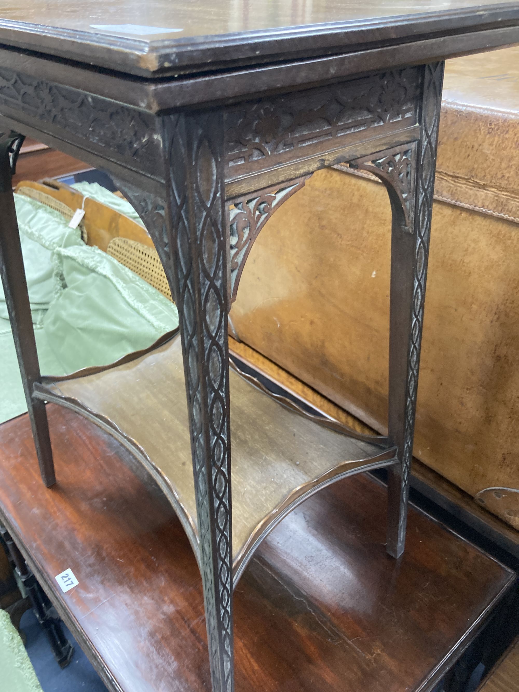 An Edwardian mahogany blind fret folding tea table, width 52cm, depth 37cm, height 69cm